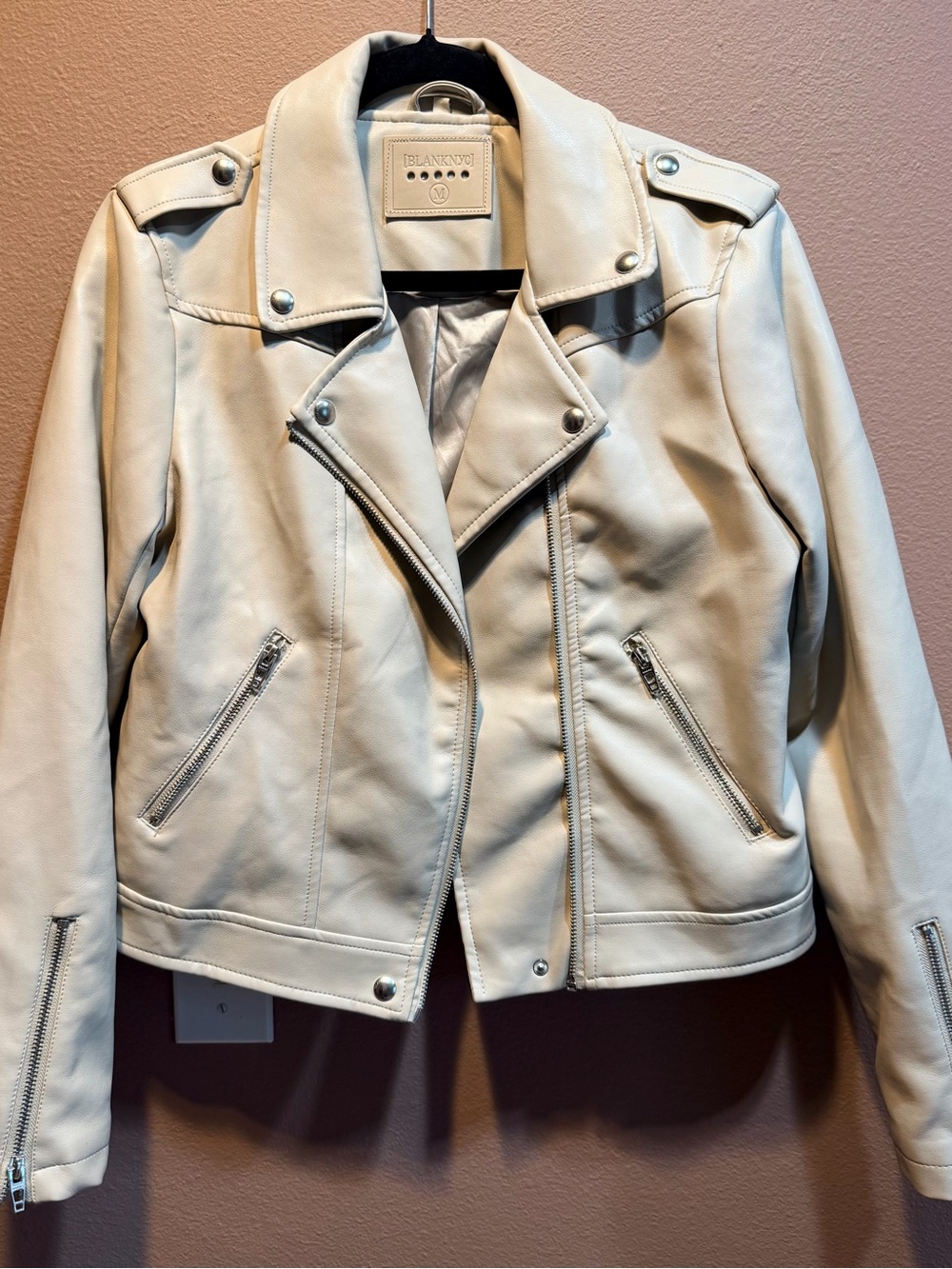Blank NYC Cream Faux Leather Moto Jacket - Asymmetrical Zip Biker